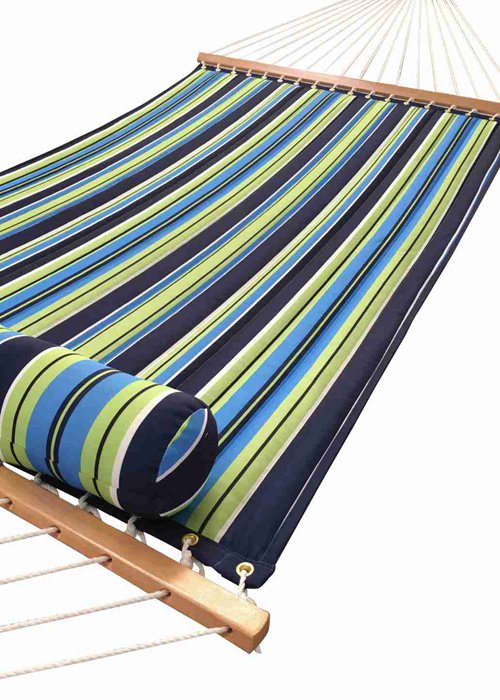 Woven Quilted Fabric Hammock With Pillow Long Bolster Green Blue White Stripe