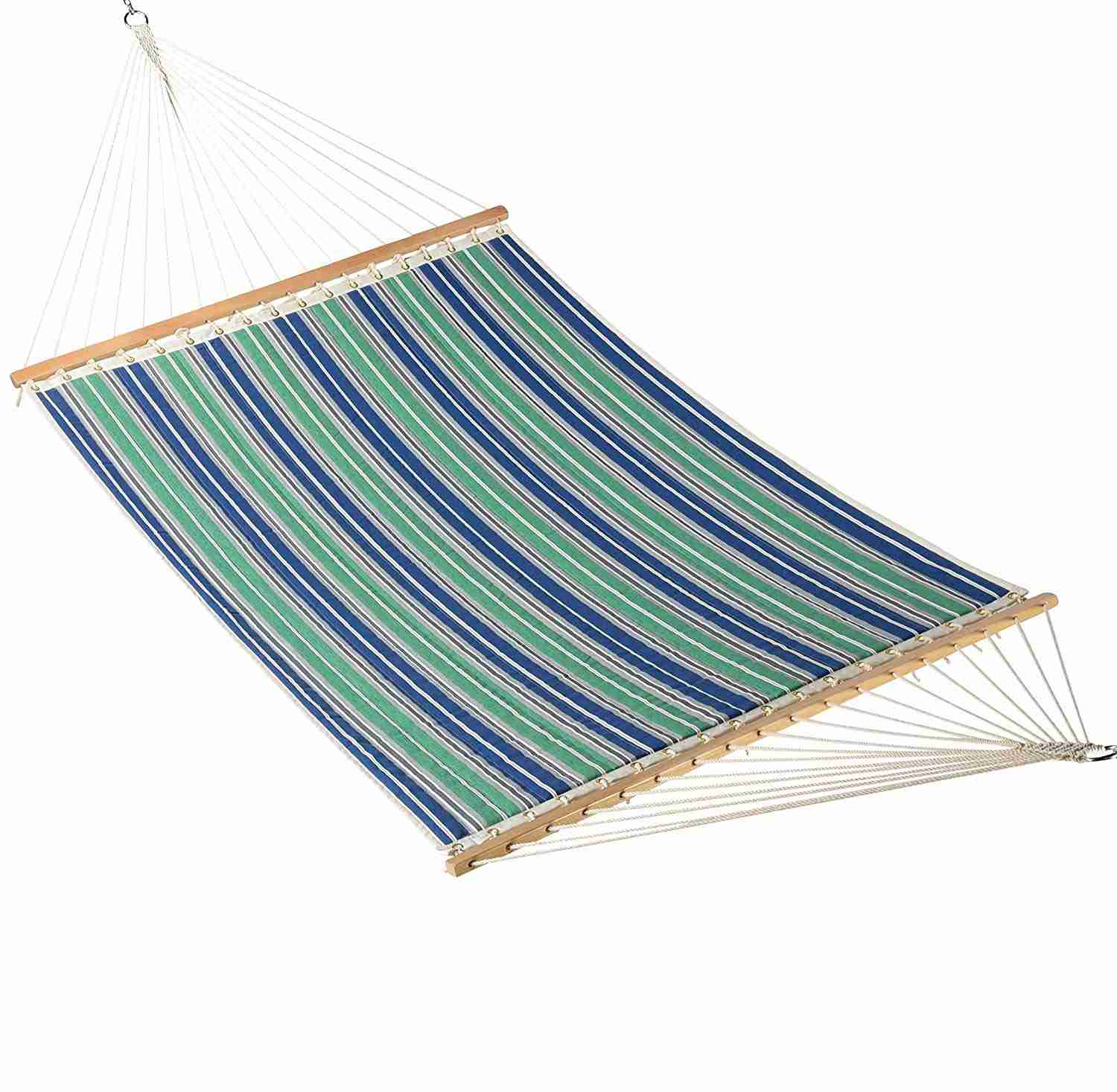 13 Ft Foldable  Sleeping Double Fabric Hammock With Spreader Bar Green Blue Strip