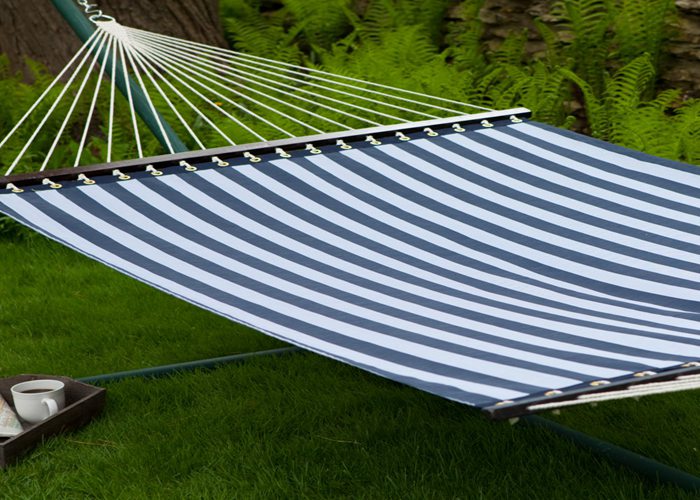 13ft Sturdy Patio Poolside Hammocks With Stand Textilene Navy Stripe , Poolside Double Hammock